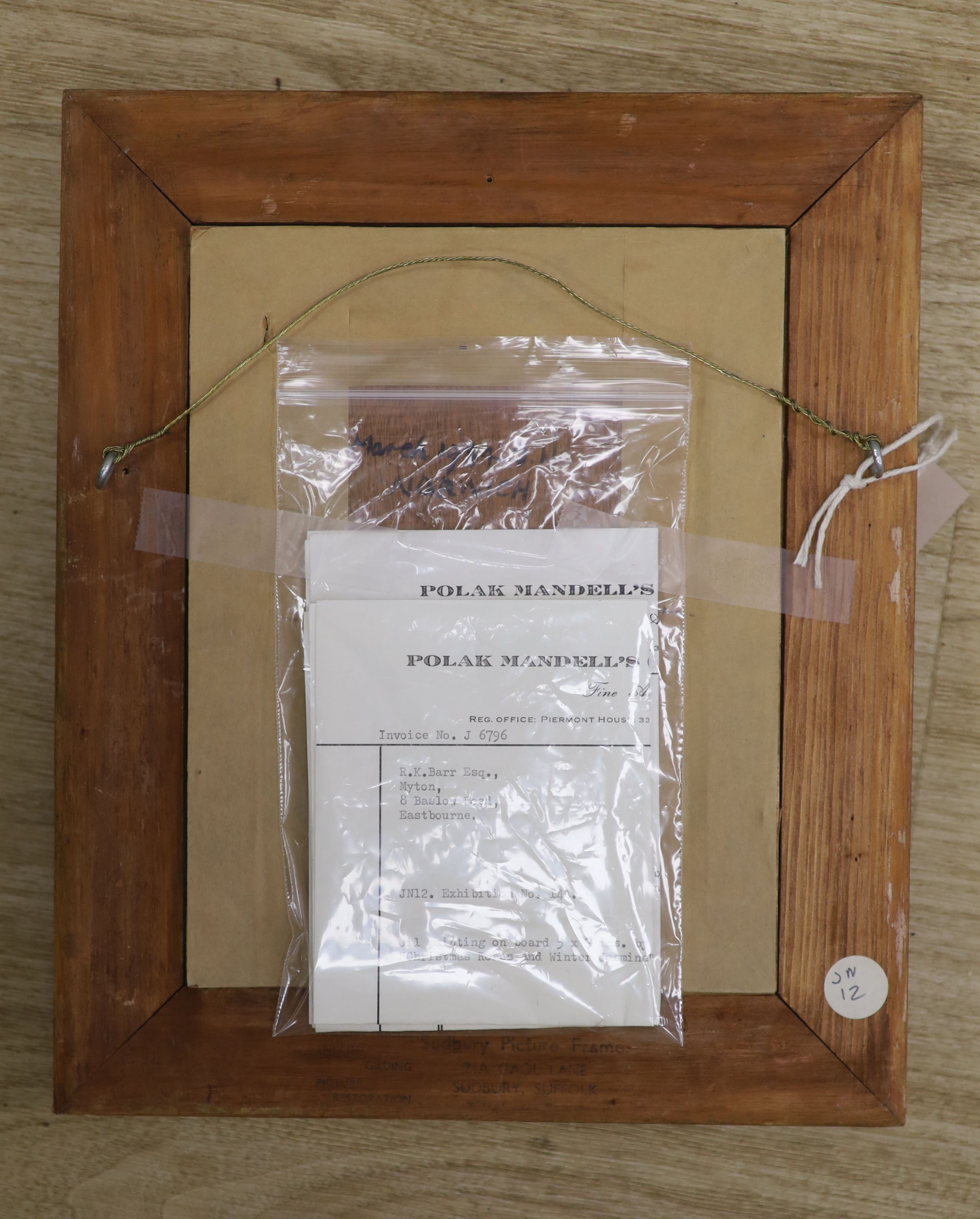 James Noble (1919-1989), oil on panel, 'Christmas Roses, Winter Jasmine and Pyracantha Berries', signed, carved gilt frame with velvet slip, 17.5 x 12cm